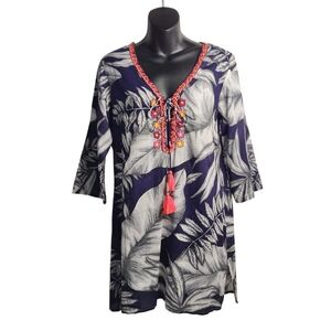 Debbie Katz Mana Airy Cotton Embroidered Top Tunic Multicolor 3/4 Sleeve Sz S